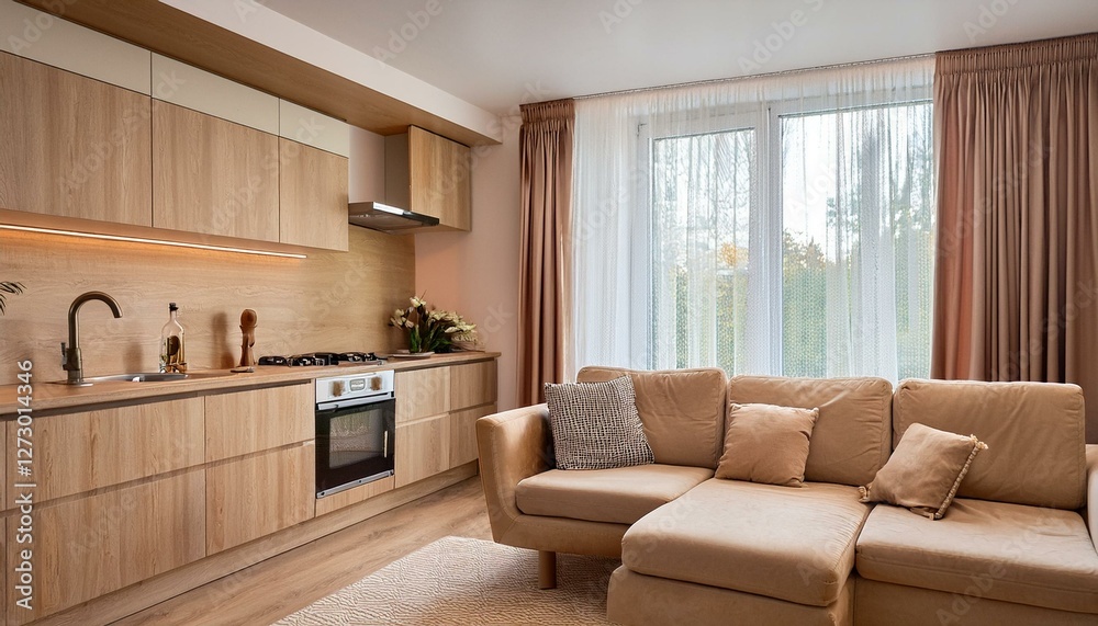 Wooden and beige kitchen set with sofa near window with curtains Wooden and beige kitchen set with sofa near window with curtains