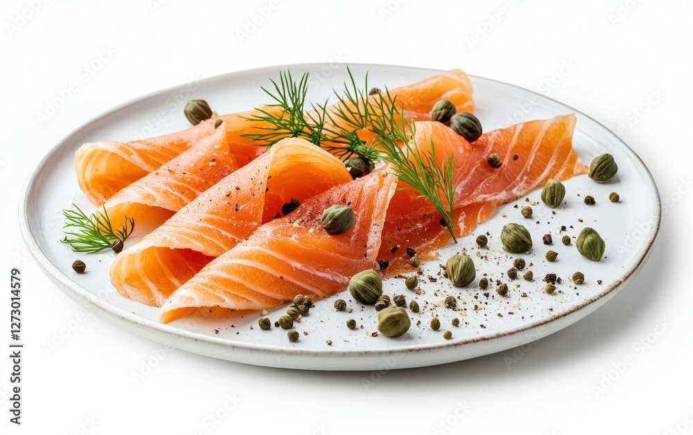 Hovering platter of smoked salmon with capers and cream cheese, isolated on a white background Hovering platter of smoked salmon with capers and cream cheese, isolated on a white background