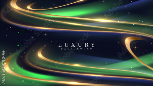 Elegant style abstract background with green and blue glowing effect with golden curves and stars on dark sky.
