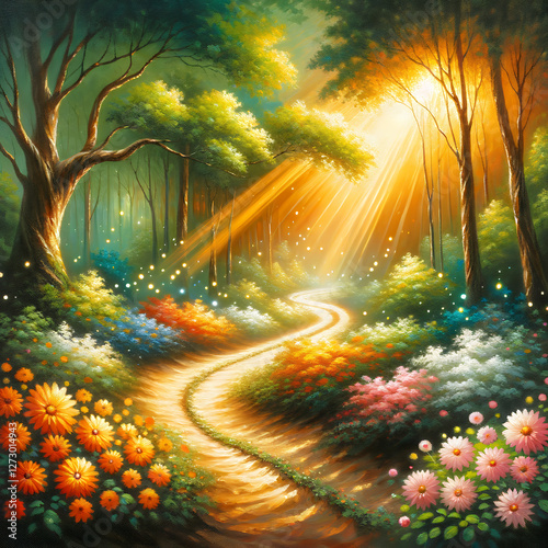 Bright Pathway Through A Colorful, Flower-filled Woodland.