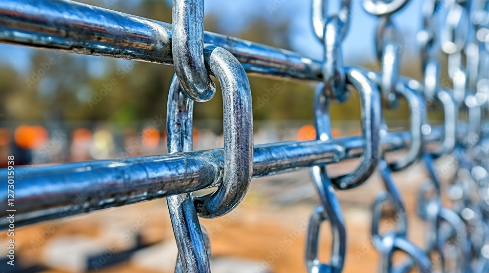 Close-up metal chain link fence on construction site Close-up metal chain link fence on construction site
