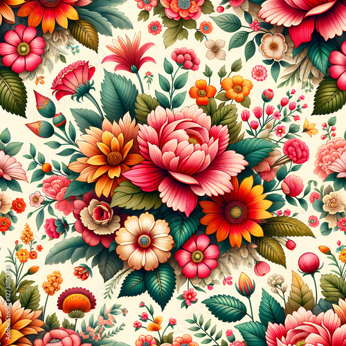 Vibrant Floral Pattern With Colorful Flowers And Leaves.