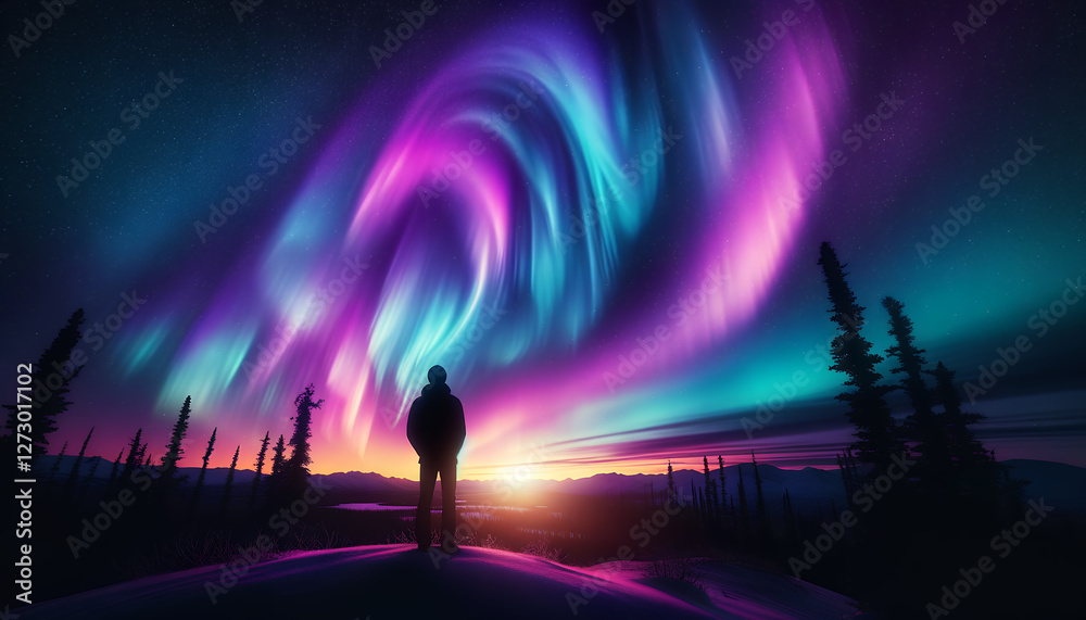 Naklejka premium Stunning Auroras Illuminate The Sky Above A Figure.