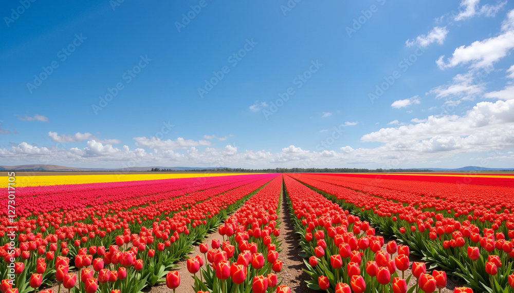 Vibrant tulip field stretching to the horizon under blue sky, beauty Vibrant tulip field stretching to the horizon under blue sky, beauty