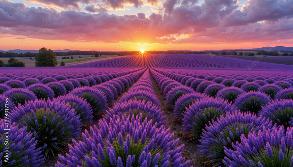 Obraz premium Dreamy lavender field at sunset, purple flowers illuminating horizon