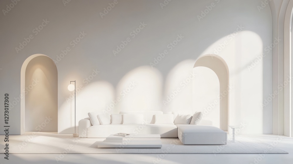 Minimalist white living room with arched windows, sunlight Minimalist white living room with arched windows, sunlight