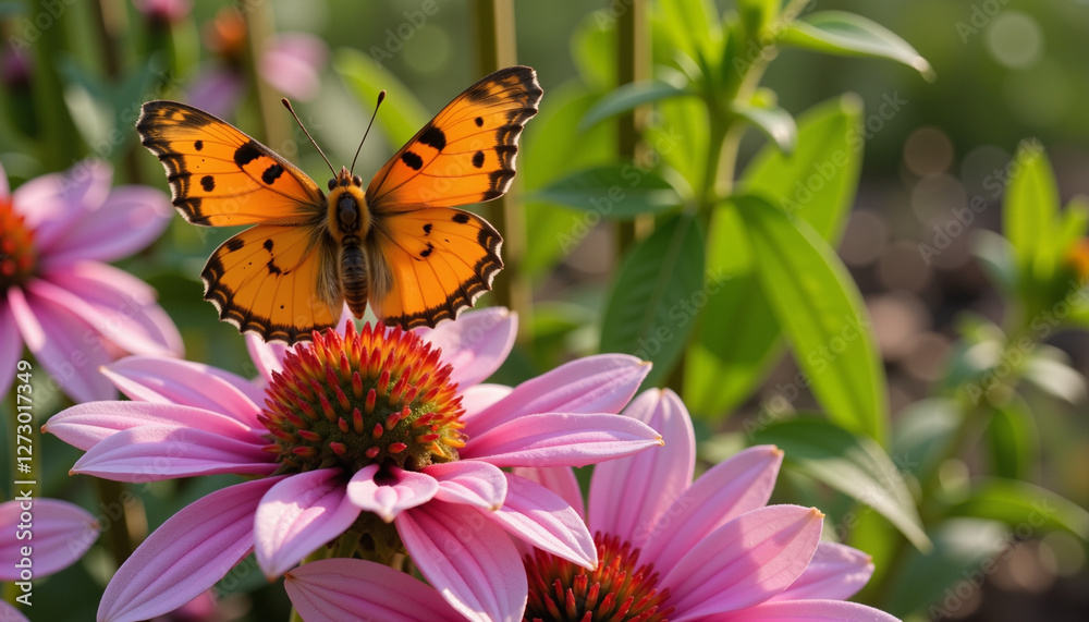 Obraz premium Vibrant butterfly perched on wildflower cluster in meadow, nature's beauty