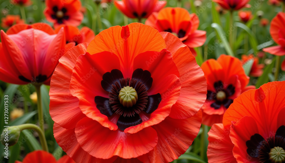 Vibrant deep red poppy petals with green backdrop, nature's beauty Vibrant deep red poppy petals with green backdrop, nature's beauty