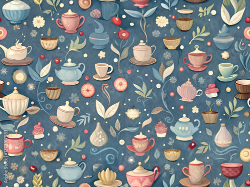 A whimsical teacup and teapot pattern on a blue background.