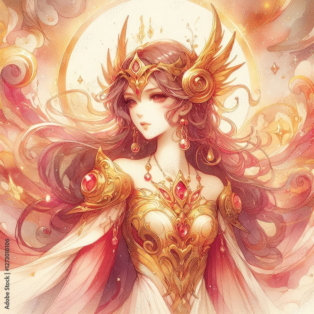 Majestic Golden-Winged Mars Warrior Goddess with Flowing Hair with Generative AI. Majestic Golden-Winged Mars Warrior Goddess with Flowing Hair with Generative AI.
