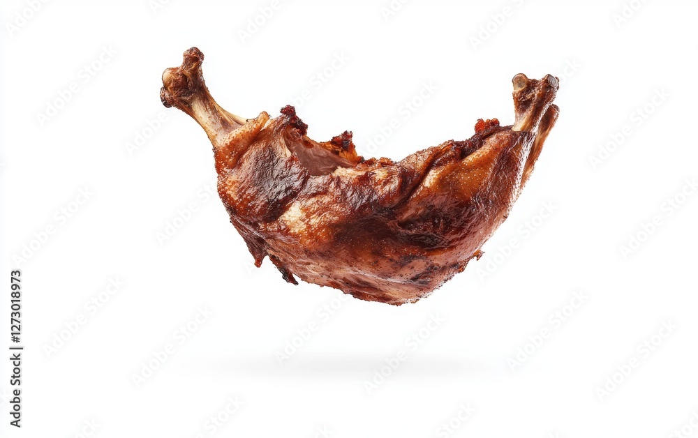 Midair roasted duck with crispy skin, isolated on a white background Midair roasted duck with crispy skin, isolated on a white background