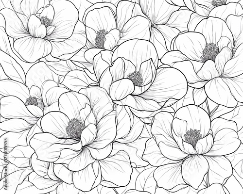 Wallpaper Mural A bouquet of magnolia flowers, vector line art, letterpress style, black lines on a white background Torontodigital.ca