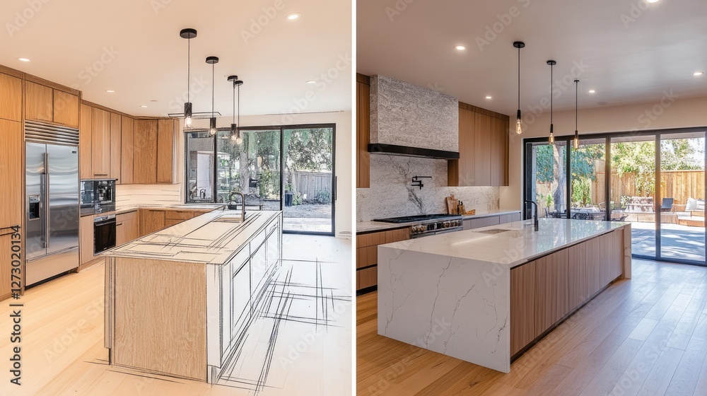 Fototapeta premium A before-and-after slider showcasing the pencil design sketch of a kitchen, followed by the completed custom kitchen with modern features and sleek finishes.