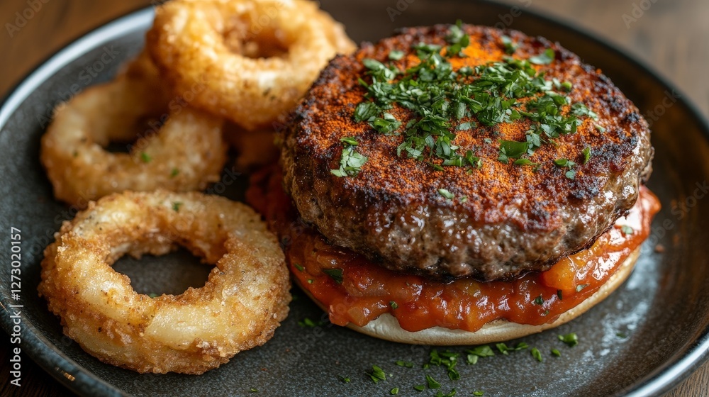 A delicious burger topped with herbs and served with crispy onion rings. A delicious burger topped with herbs and served with crispy onion rings.