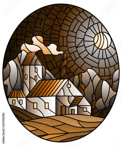 An illustration in the style of a stained glass window with a rural landscape, a house against the background of trees and night sky, tone brown