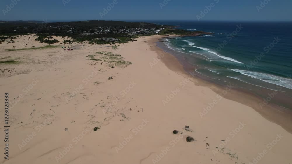 Sand Dunes Of Stockton At Birubi Beach In Anna Bay, New South Wales, Australia. aerial pullback ascend Sand Dunes Of Stockton At Birubi Beach In Anna Bay, New South Wales, Australia. aerial pullback ascend
