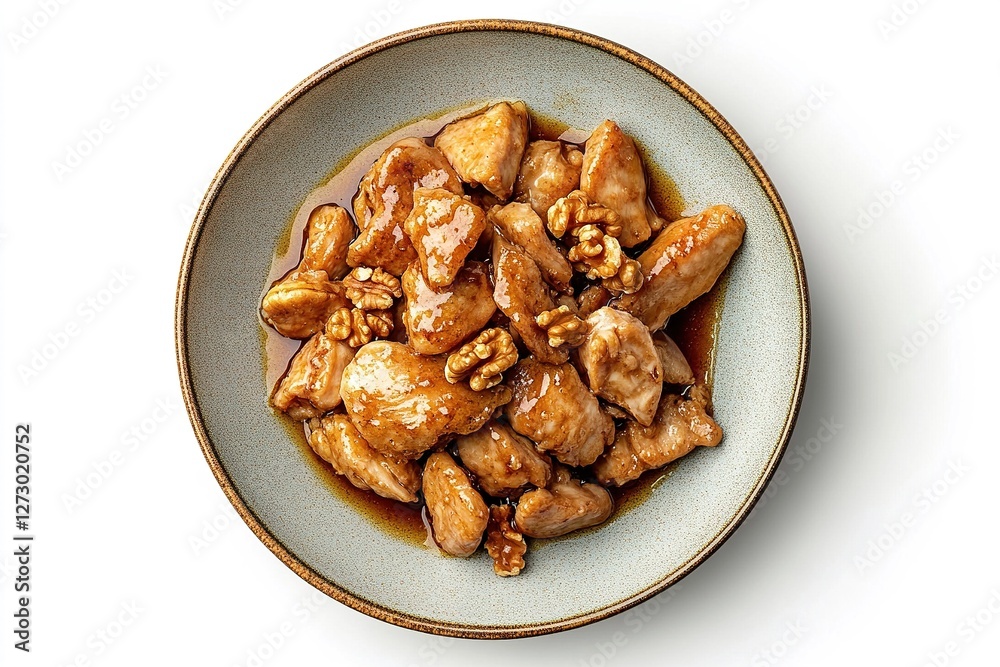 A plate of chicken and walnuts in a honey sauce A plate of chicken and walnuts in a honey sauce