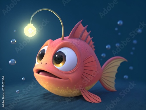 Cute 3D cartoon anglerfish with glowing lure in vibrant colors.