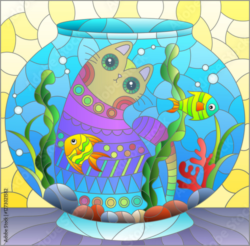 A stained glass illustration with a cute bright cat and a round aquarium with fish