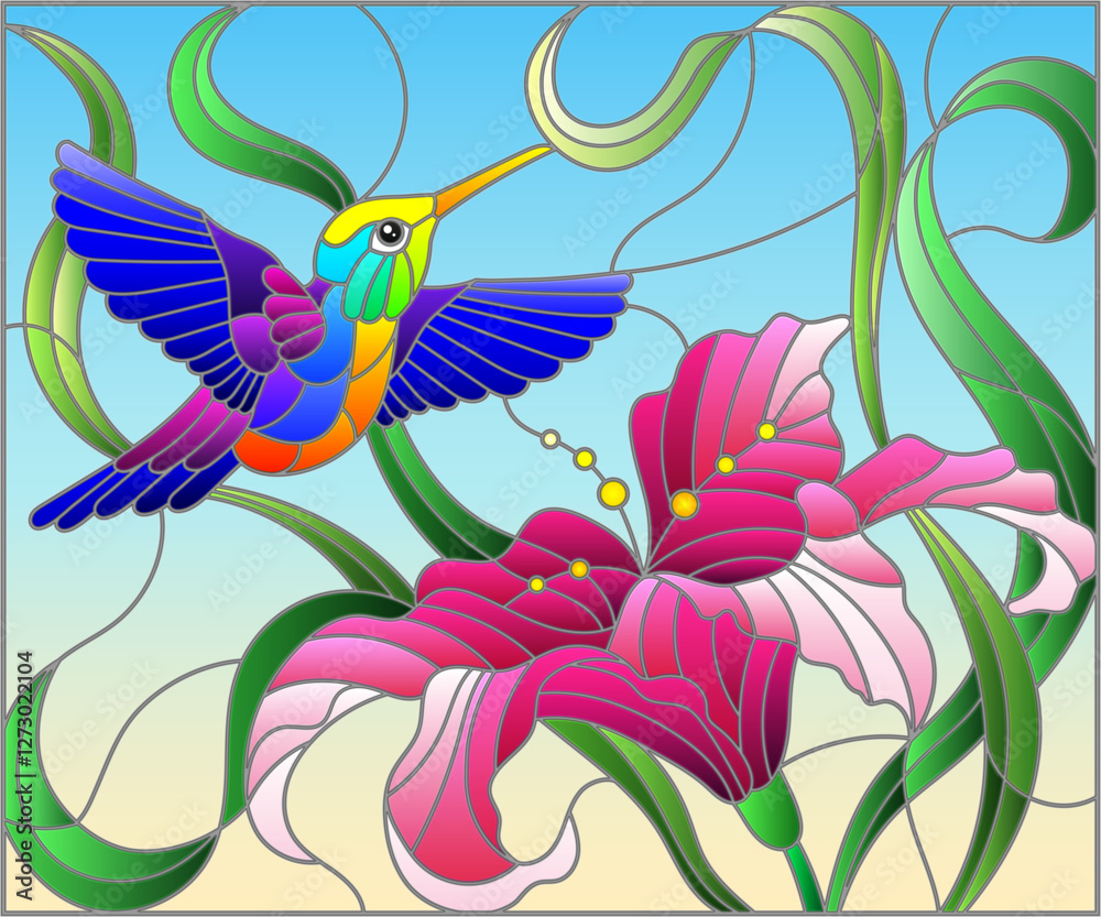 Obraz premium Illustration in stained glass style with bright Hummingbird against the sky, foliage and flower of Lily