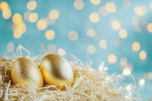 Golden Easter eggs nestled in hay with sparkling fairy lights festive holiday decoration concept