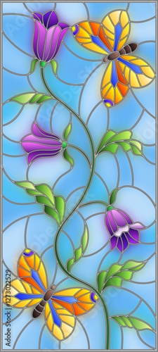 Illustration in stained glass style with abstract curly purple flower and an orange butterfly on blue background , vertical image