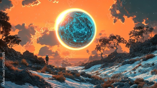 A glowing AI orb assisting an adventurer in navigating a surreal alien planet photo