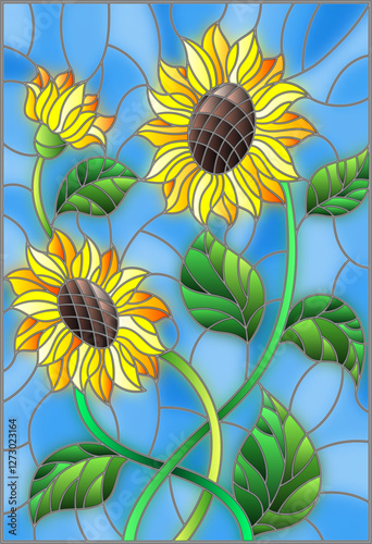 Illustration in stained glass style with a bouquet of sunflowers, flowers,buds and leaves of the flower on blue background