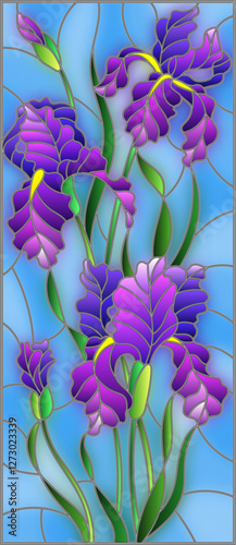 Illustration in stained glass style with purple bouquet of irises, flowers, buds and leaves on blue background
