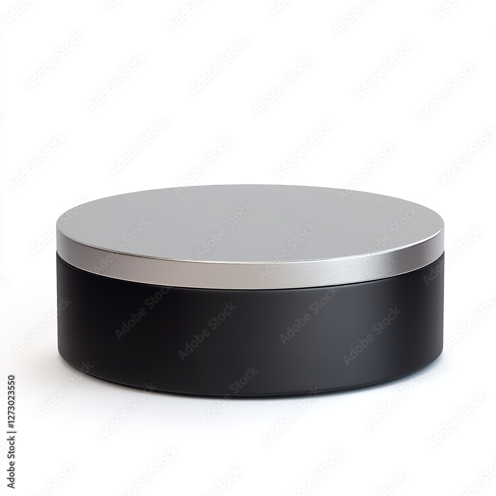 Black and Silver Cylindrical Display: A Low, Round, Black Cylinder with a Silver Top, Isolated on a White Background, Ideal for Product Photography, Mockups, or Showcasing Modern and Minimalist Design Black and Silver Cylindrical Display: A Low, Round, Black Cylinder with a Silver Top, Isolated on a White Background, Ideal for Product Photography, Mockups, or Showcasing Modern and Minimalist Design