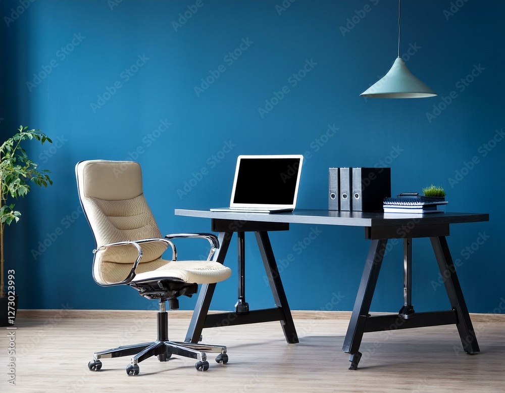 Dark office room interior with empty blue wall, desk, armchair