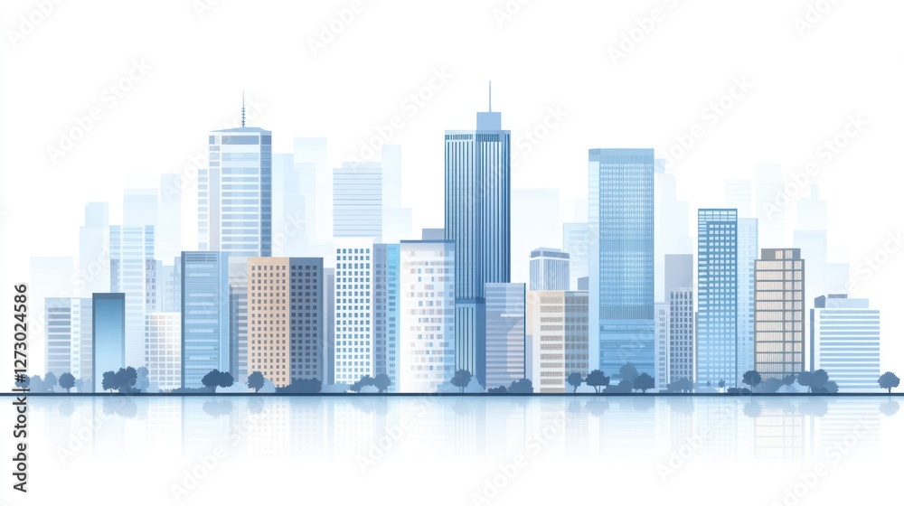 Fototapeta premium Cityscape skyline, urban panorama, modern buildings, business district, reflection, website banner