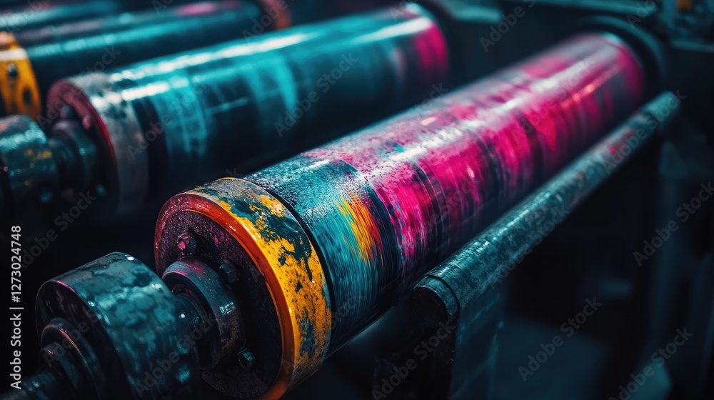 A close-up view of vibrant ink flowing through printing rollers in an industrial setting, highlighting the precision and technology behind color printing.