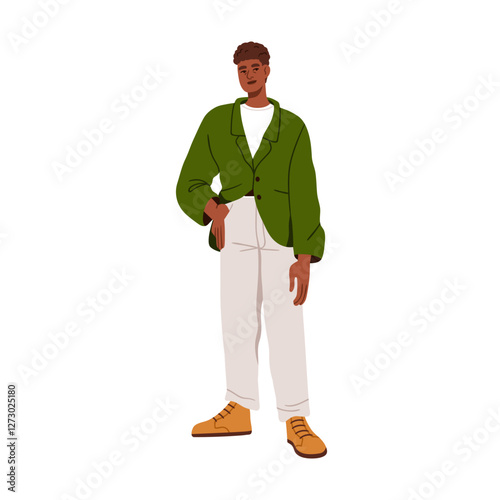 Black man in modern casual clothes, outfit. Young stylish male in blazer over t-shirt, posing, standing. Elegant fashion apparel, urban style. Flat vector illustration isolated on white background