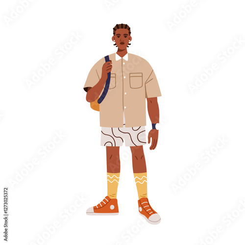 Young man in modern summer outfit. Trendy style African American male wearing...