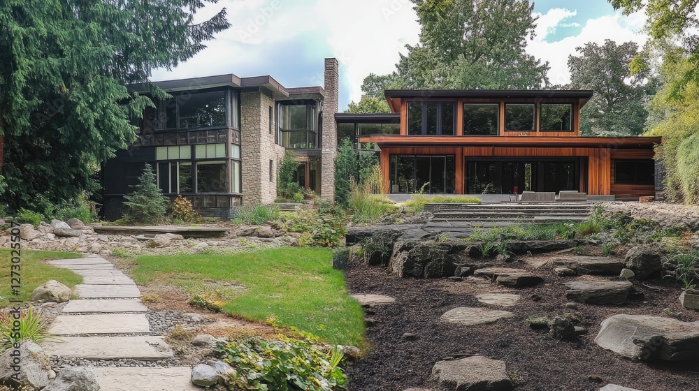 A comparison slider of a dilapidated house transformed into a luxurious custom home with lush green landscaping and a contemporary design. A comparison slider of a dilapidated house transformed into a luxurious custom home with lush green landscaping and a contemporary design.