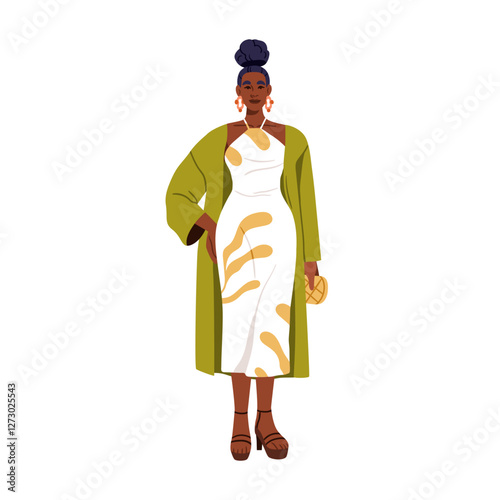 Black woman in modern evening outfit. African American female character weari...