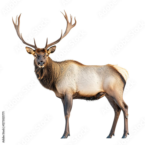 Angled view full body shot of an extremely perfect looking single roosevelt elk isolated on a white transparent background