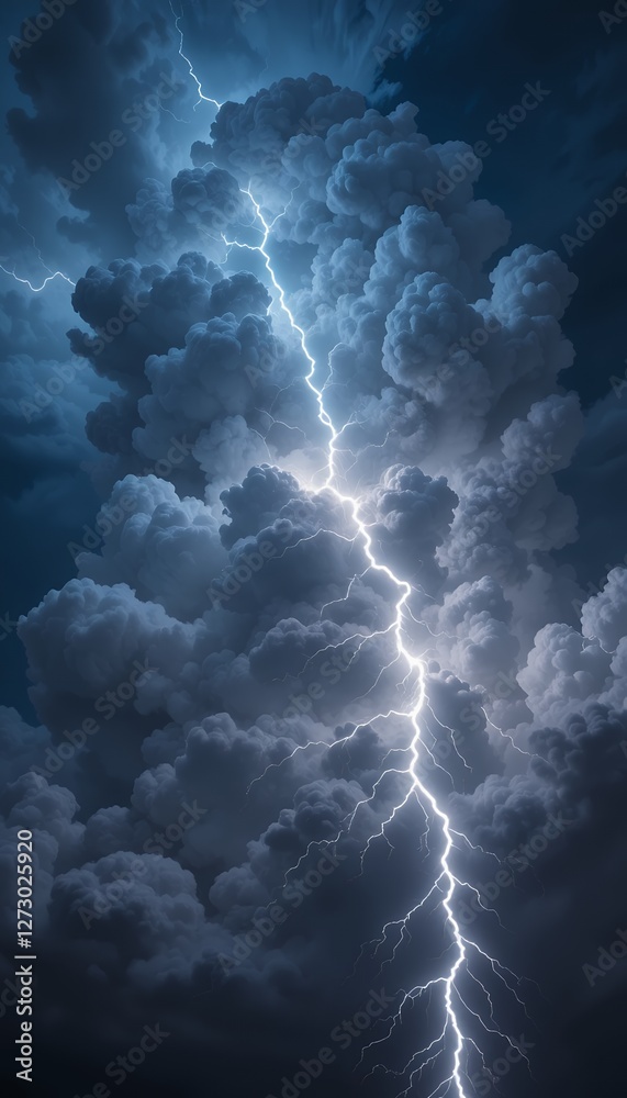 Naklejka premium Dramatic Sky Portrait, Electrical Storm with Lightning Strike Through Cumulonimbus Clouds