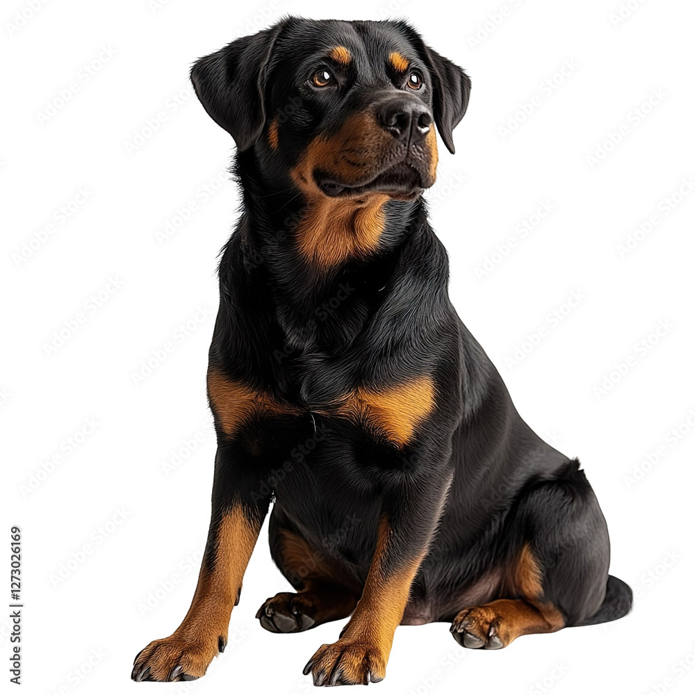 Angled view full body shot of an extremely perfect looking single rottweiler mix isolated on a white transparent background Angled view full body shot of an extremely perfect looking single rottweiler mix isolated on a white transparent background