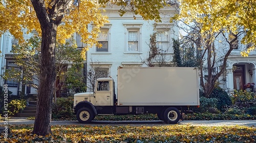 Vintage Box Truck Parked on Residential Street in Autumn Fall Foliage
