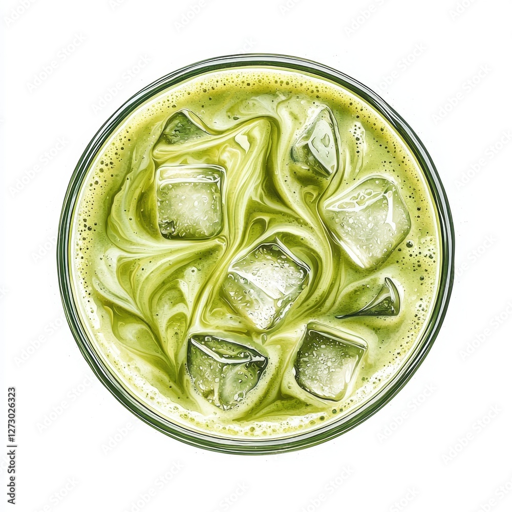 Iced matcha latte with swirls of creamy milk and ice cubes isolated on white Iced matcha latte with swirls of creamy milk and ice cubes isolated on white