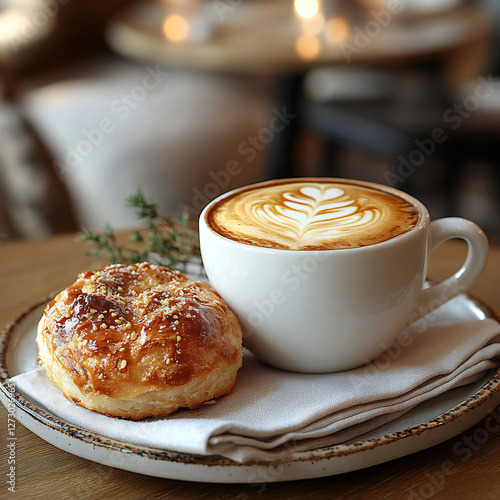 A coffee cup mockup on a café table with a pastry and napkin photo