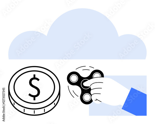 Hand spinning fidget spinner near dollar coin beneath cloud graphic. Ideal for finance, playfulness, economy, innovation, digital trends, simplicity, and balance concepts. Abstract line flat metaphor