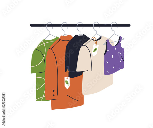 Clothing rack with garments on hangers. Display of sustainable eco-friendly slow fashion, apparel hanging for sale on retail shop, store. Flat vector illustration isolated on white background