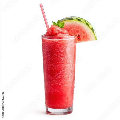 Refreshing watermelon slushie in a tall glass with a straw isolated on white