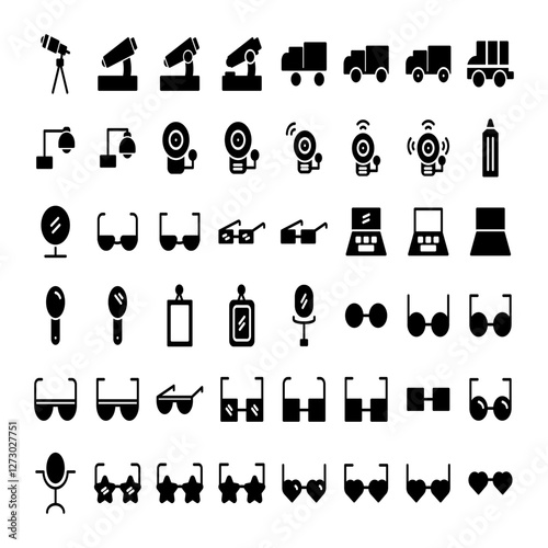 Set of car and glass icons representing vehicle windows, windshields, and automotive glass elements.