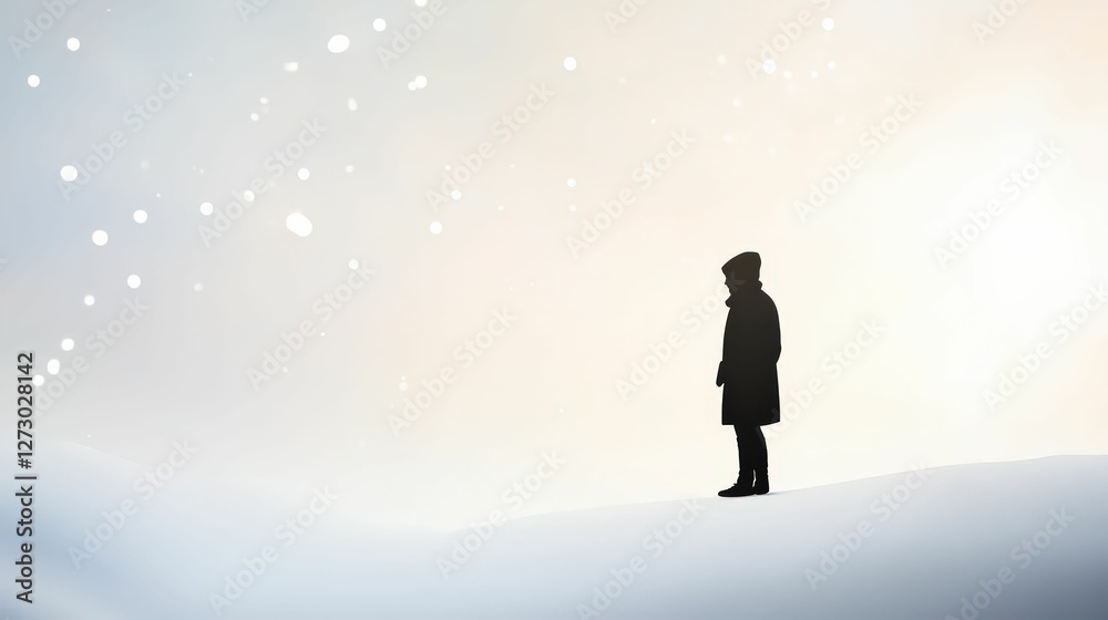 Solitary figure in a serene snowy landscape nordic region silhouette photography soft glimmering snow wide angle view tranquility Solitary figure in a serene snowy landscape nordic region silhouette photography soft glimmering snow wide angle view tranquility