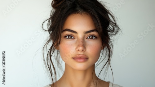portrait of beautiful serious brunette woman focused at camera has dark hair combed in bun dressed in casual t shirt isolated over white background confident indian female model with calm expression