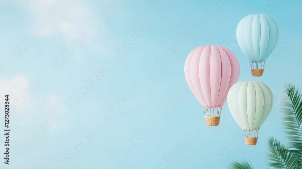 Obraz premium Pastel-colored hot air balloons floating in the sky over tropical paradise aerial view dreamy atmosphere
